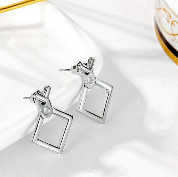 Silver Tone Square Geometric Jacket Stud Earrings - Picture 3 of 7